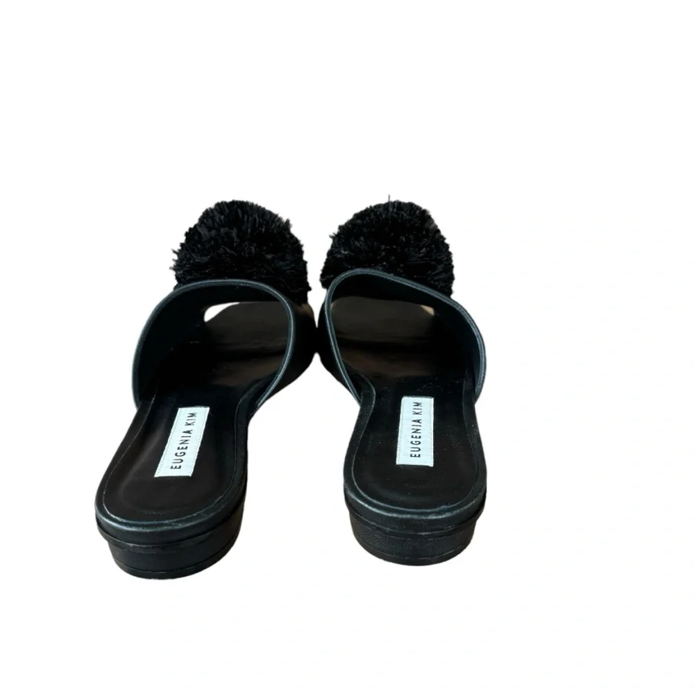 Eugenia Kim Black Leather Slides With Black Large Ostrich Feather Pom Pom Sz 37